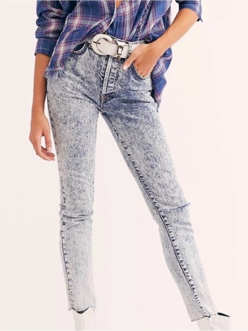 Free People We The Free Womens 27 High Rise Straight Leg Raw Hem Acid Wash Jeans